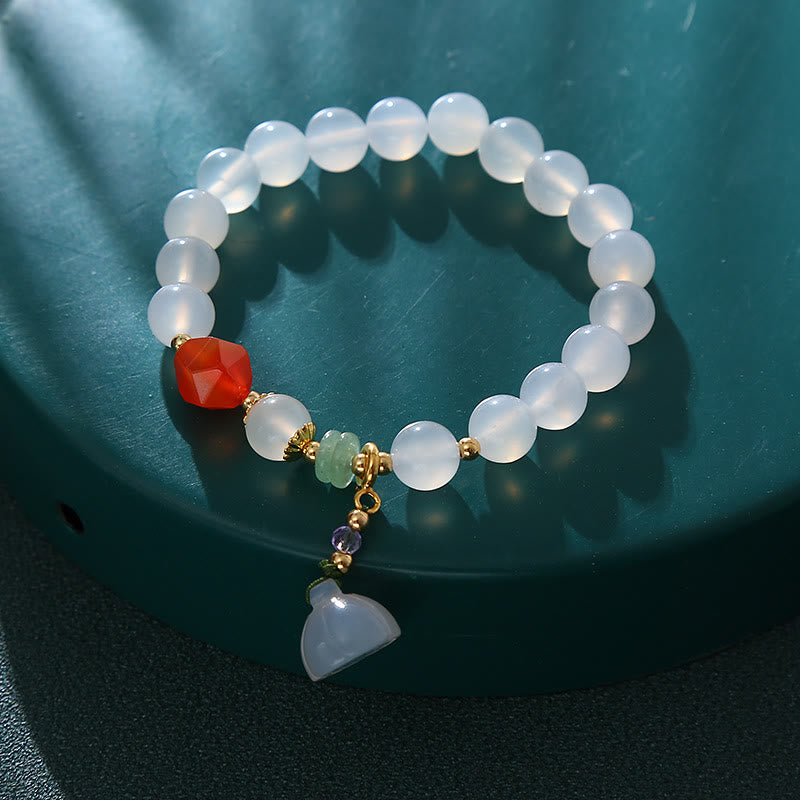 White Agate Red Agate Lotus Pod Charm Luck Bracelet