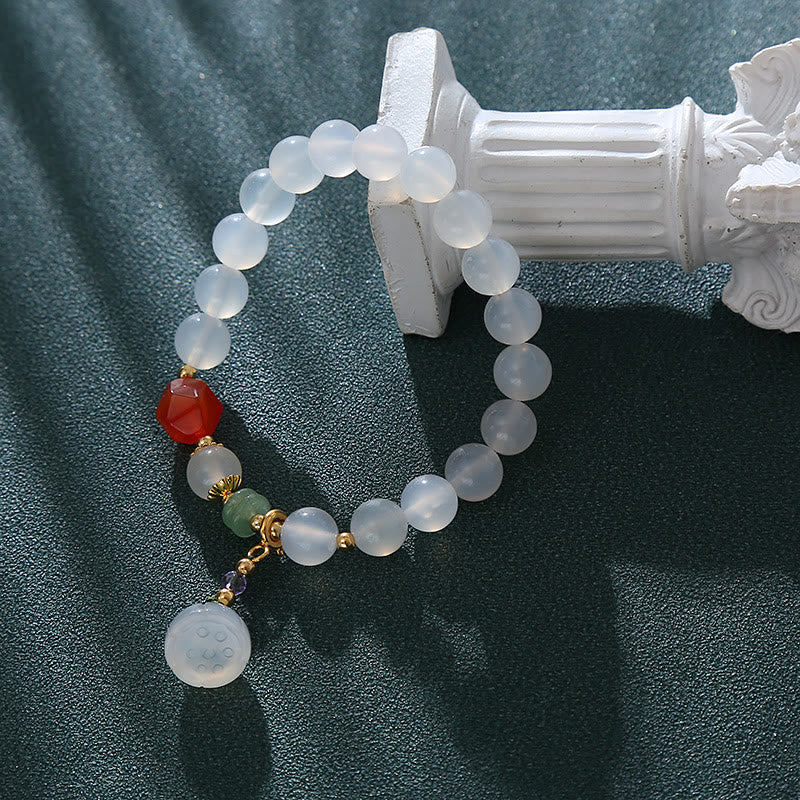 White Agate Red Agate Lotus Pod Charm Luck Bracelet