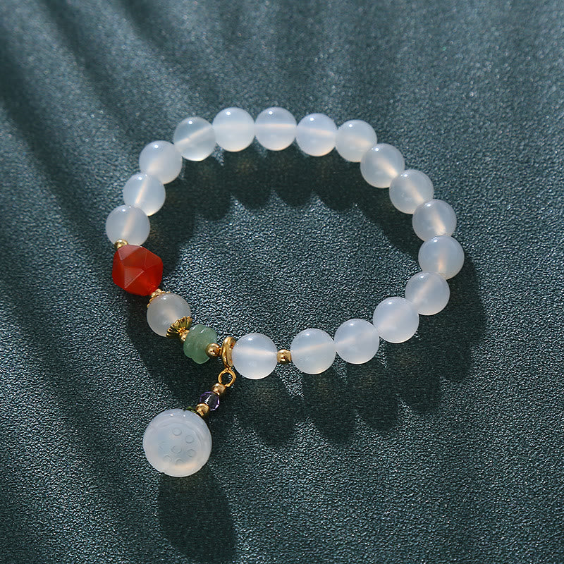 White Agate Red Agate Lotus Pod Charm Luck Bracelet