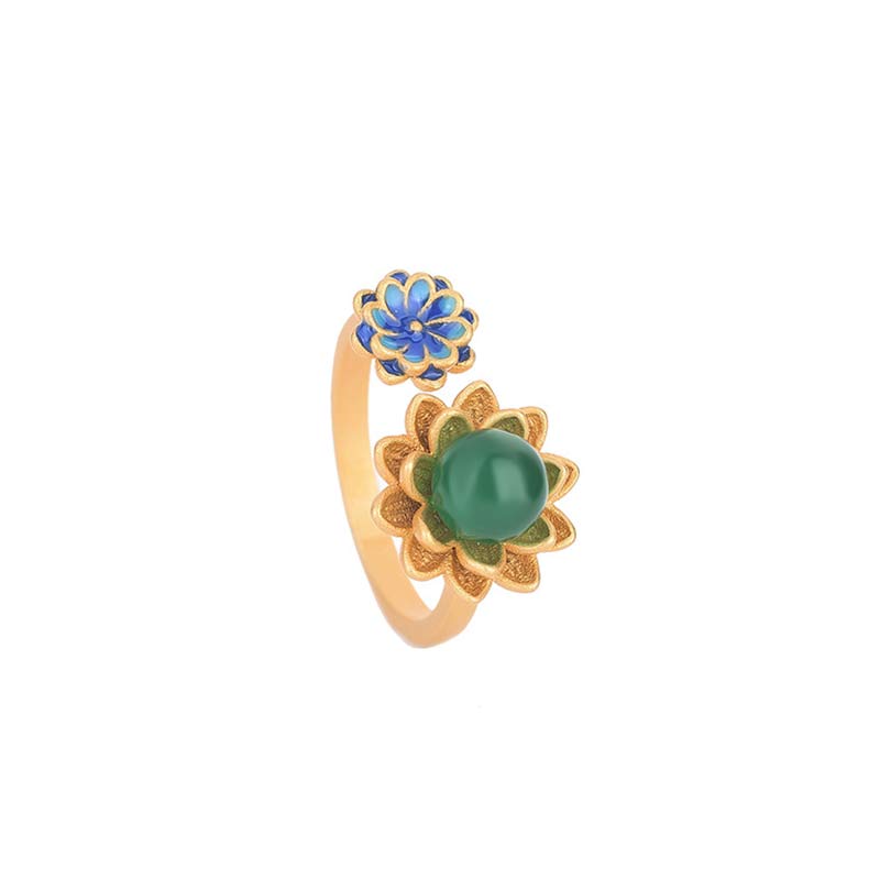 Adjustable Hand-Finished Jade Lotus Pattern Ring