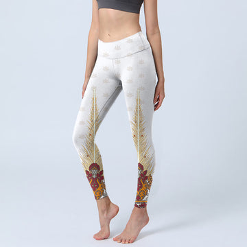 White Abstract Lotus Flower Print Gym Leggings Women's Yoga Pants