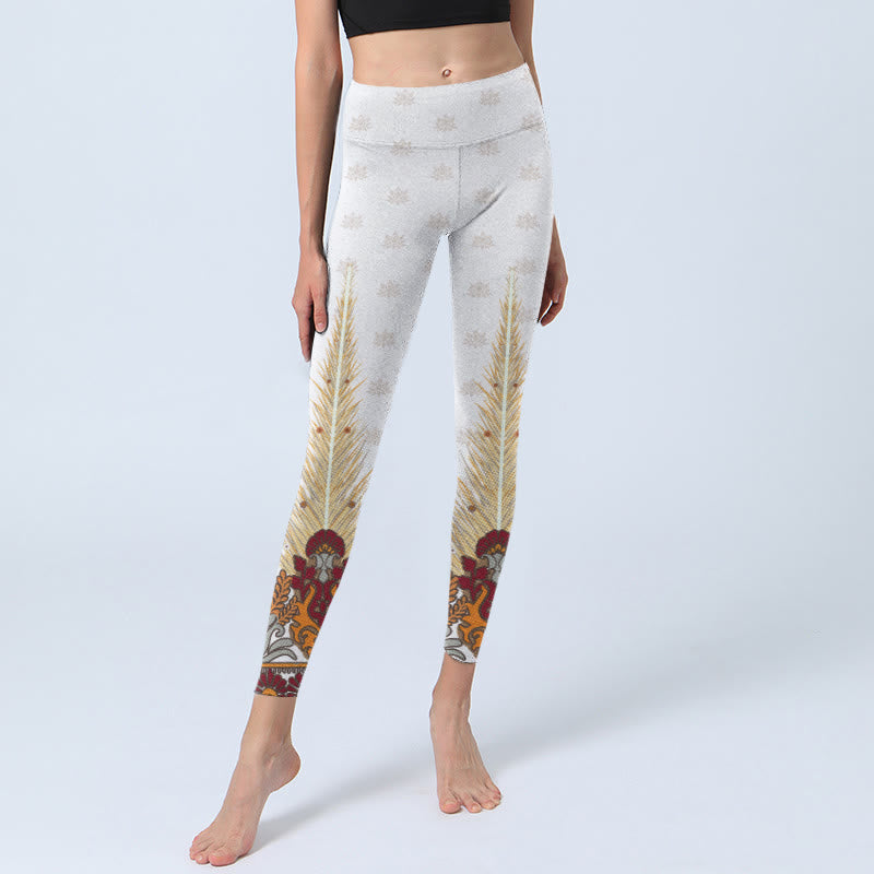 White Abstract Lotus Flower Print Gym Leggings Women's Yoga Pants
