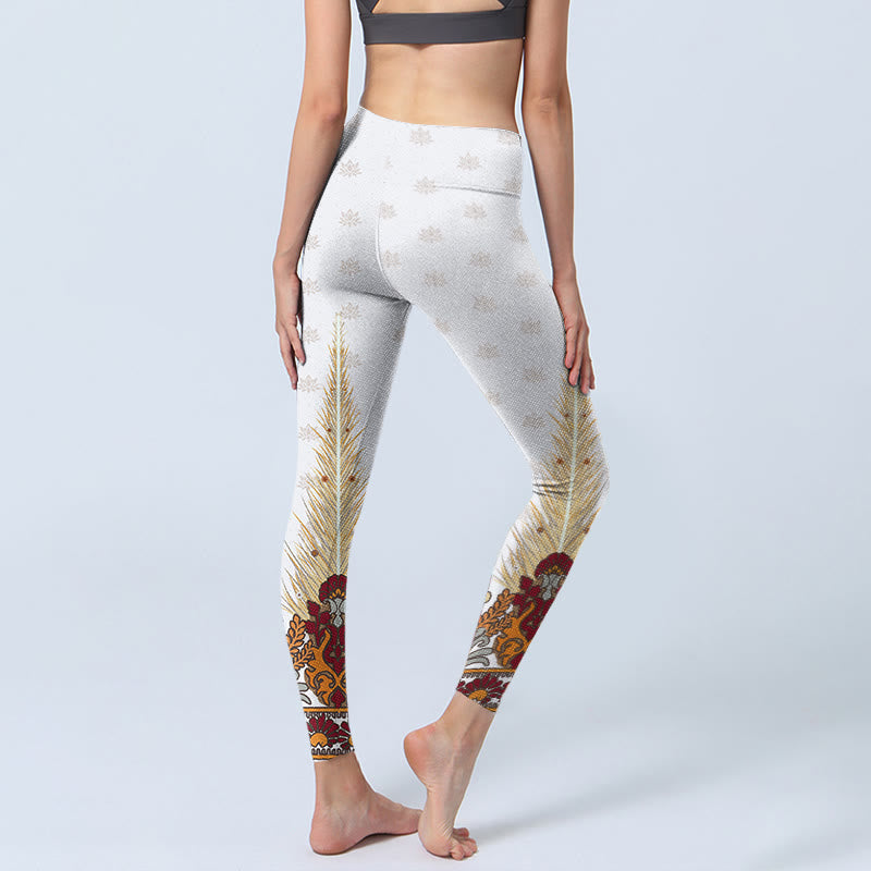 White Abstract Lotus Flower Print Gym Leggings Women's Yoga Pants