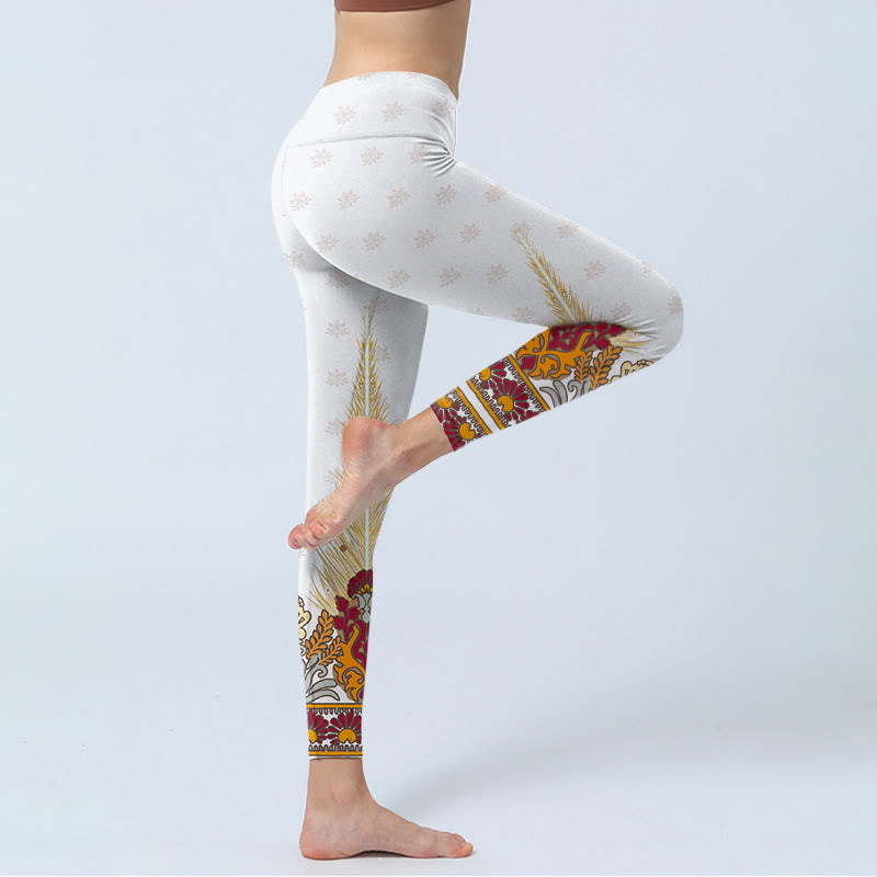 White Abstract Lotus Flower Print Gym Leggings Women's Yoga Pants