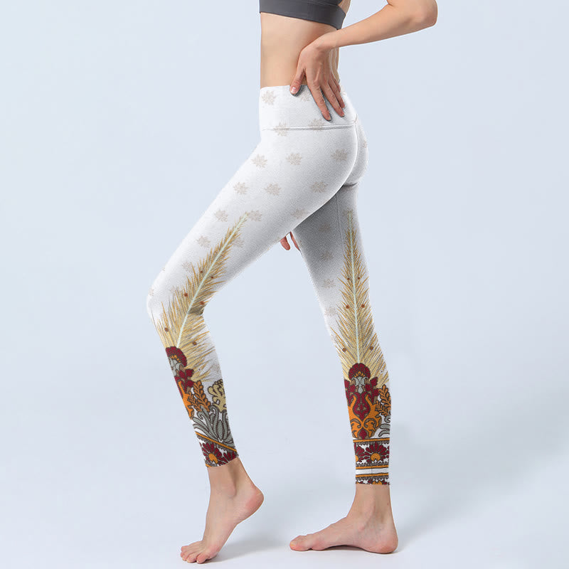 White Abstract Lotus Flower Print Gym Leggings Women's Yoga Pants