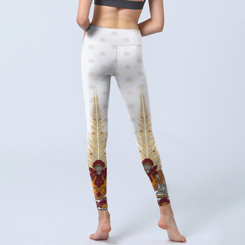 White Abstract Lotus Flower Print Gym Leggings Women's Yoga Pants