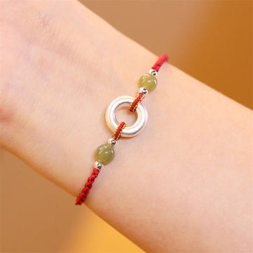 Handcrafted Red String Bracelet with Hetian Jade Ping An Kou & Sterling Silver