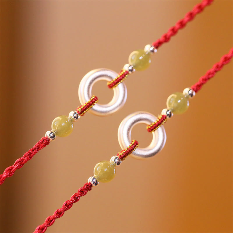 Handcrafted Red String Bracelet with Hetian Jade Ping An Kou & Sterling Silver
