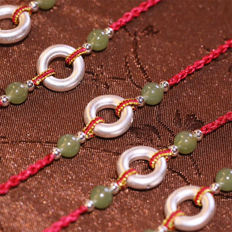Handcrafted Red String Bracelet with Hetian Jade Ping An Kou & Sterling Silver