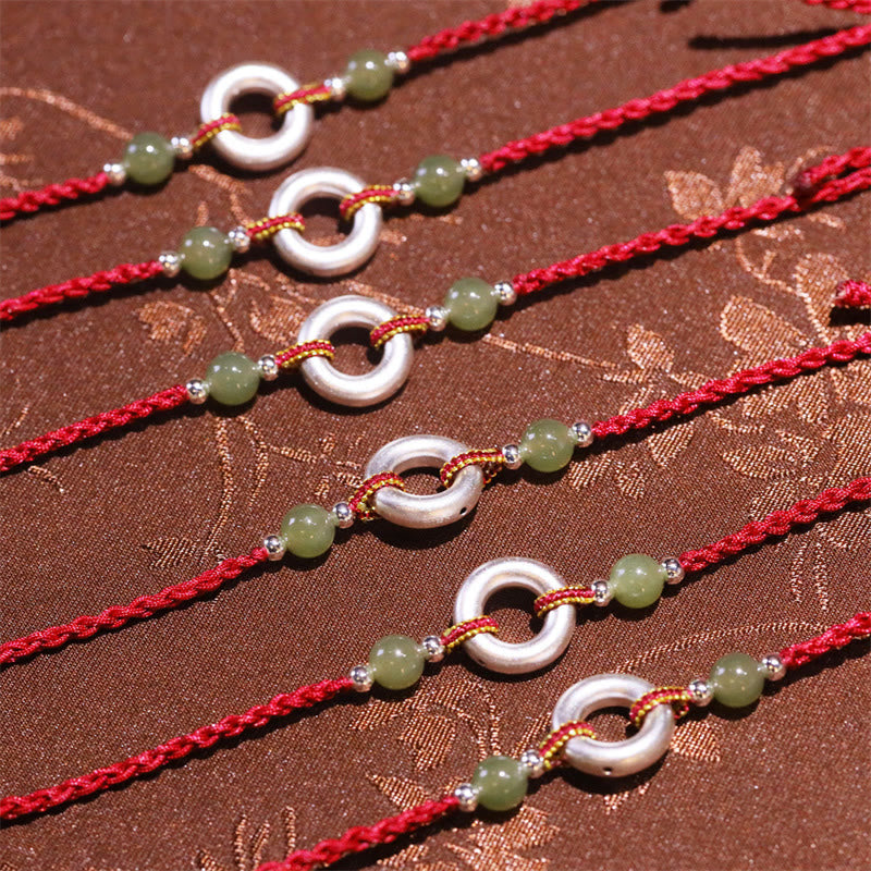 Handcrafted Red String Bracelet with Hetian Jade Ping An Kou & Sterling Silver