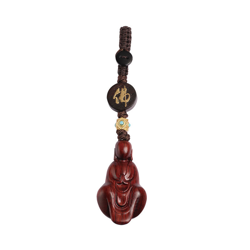 Handmade Small Leaf Red Sandalwood & Ebony Wood Buddha Copper Keychain