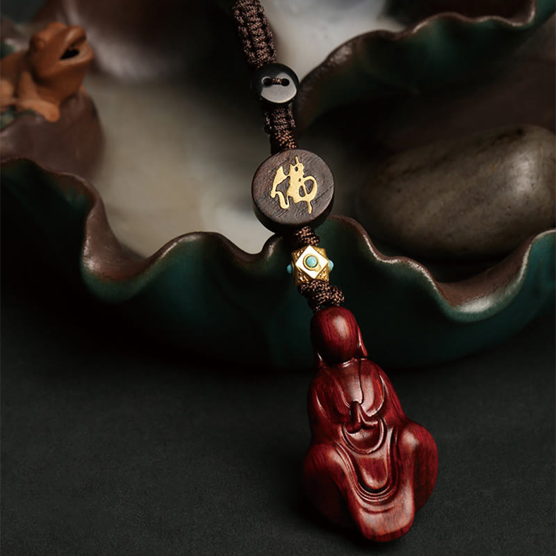 Handmade Small Leaf Red Sandalwood & Ebony Wood Buddha Copper Keychain