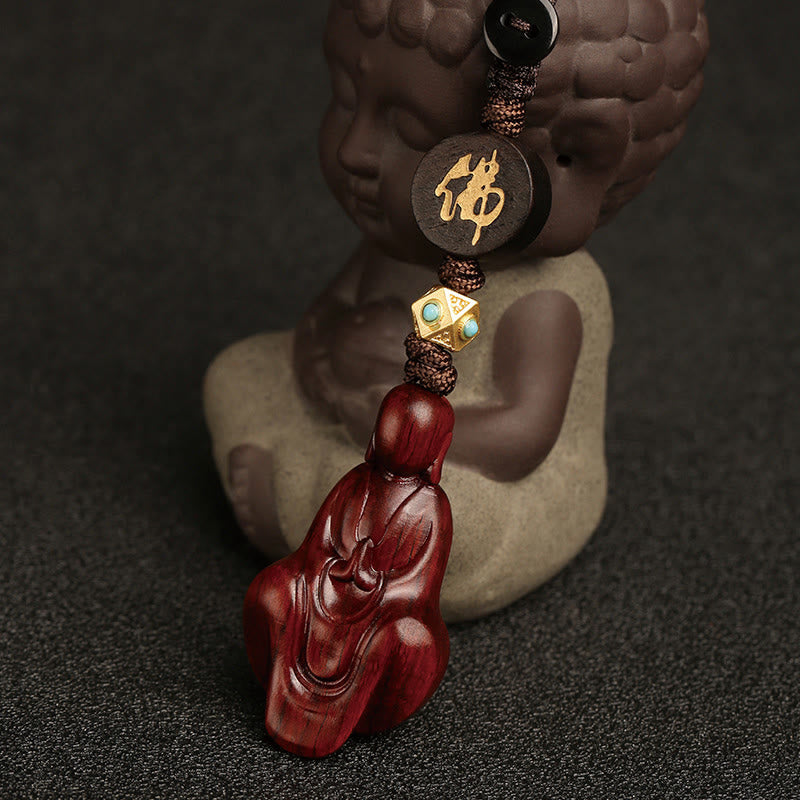 Handmade Small Leaf Red Sandalwood & Ebony Wood Buddha Copper Keychain