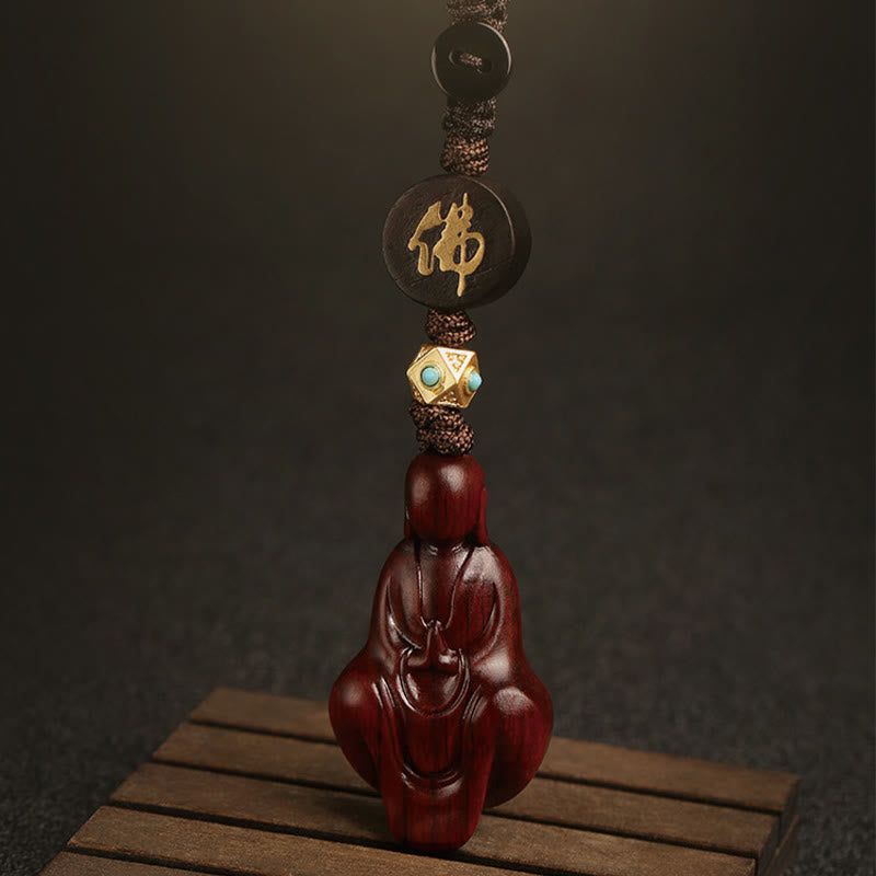 Handmade Small Leaf Red Sandalwood & Ebony Wood Buddha Copper Keychain