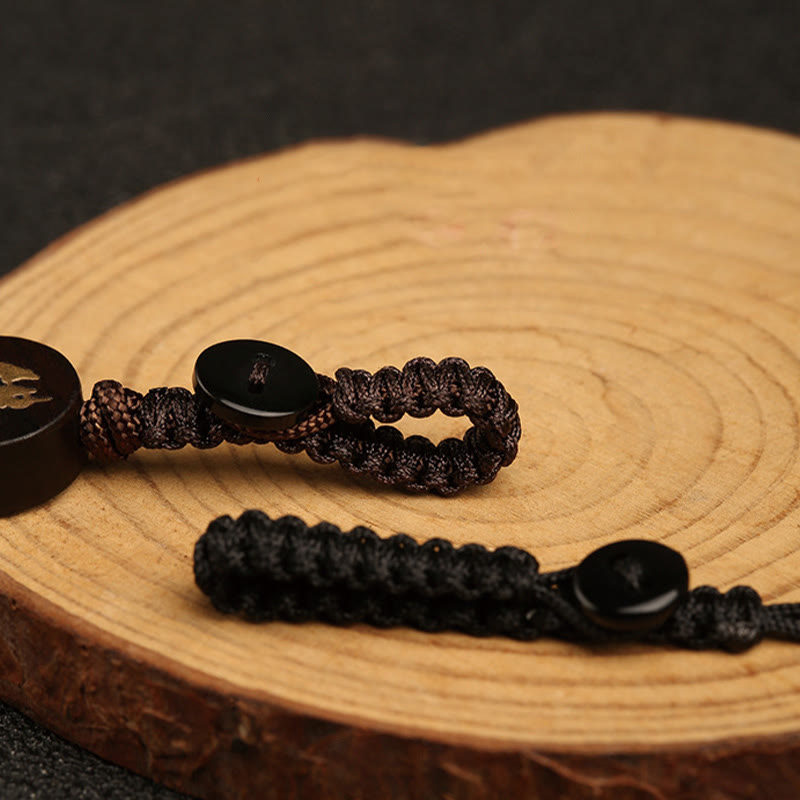 Handmade Small Leaf Red Sandalwood & Ebony Wood Buddha Copper Keychain