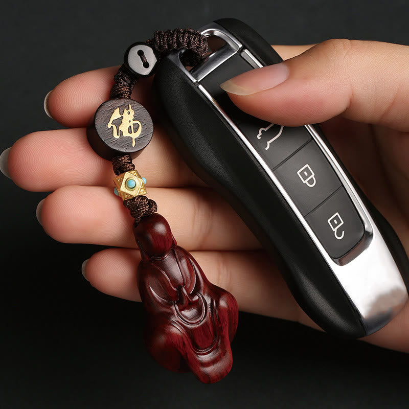 Handmade Small Leaf Red Sandalwood & Ebony Wood Buddha Copper Keychain
