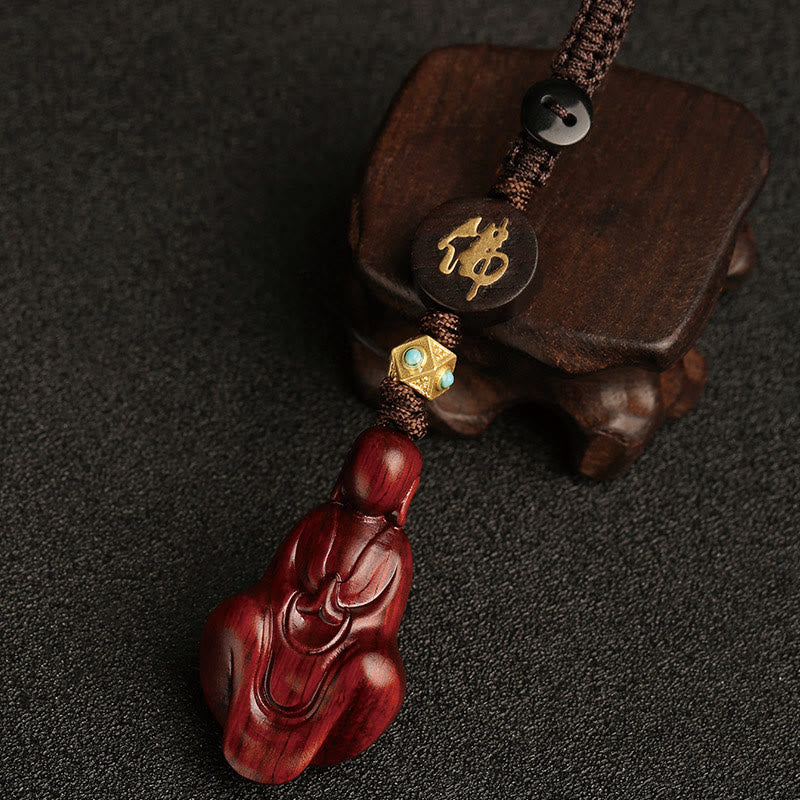 Handmade Small Leaf Red Sandalwood & Ebony Wood Buddha Copper Keychain