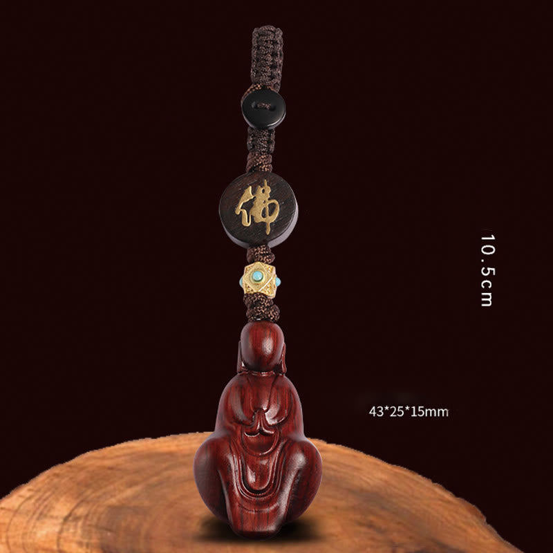 Handmade Small Leaf Red Sandalwood & Ebony Wood Buddha Copper Keychain
