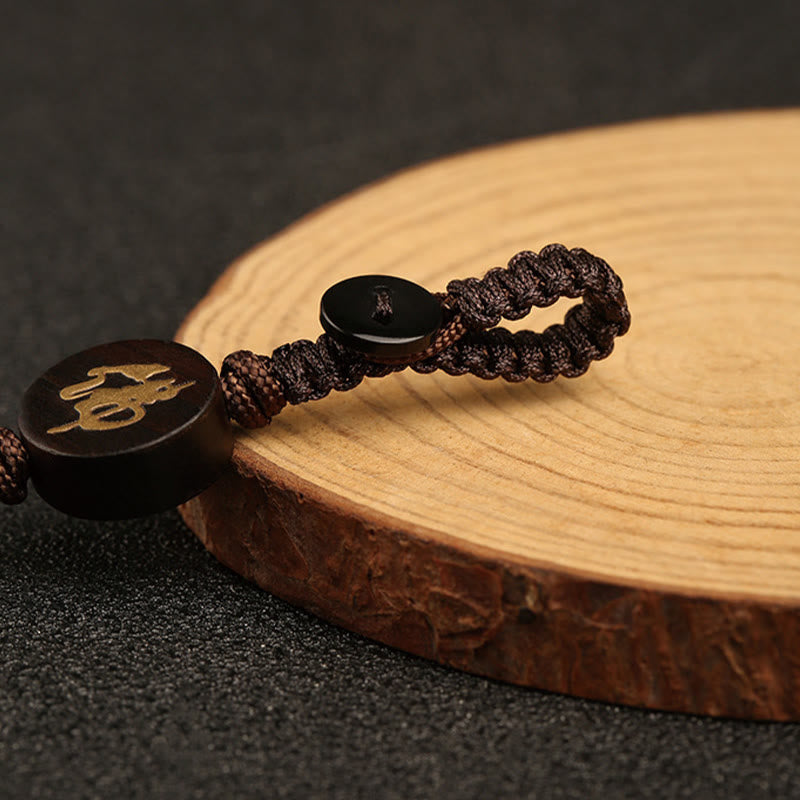 Handmade Small Leaf Red Sandalwood & Ebony Wood Buddha Copper Keychain