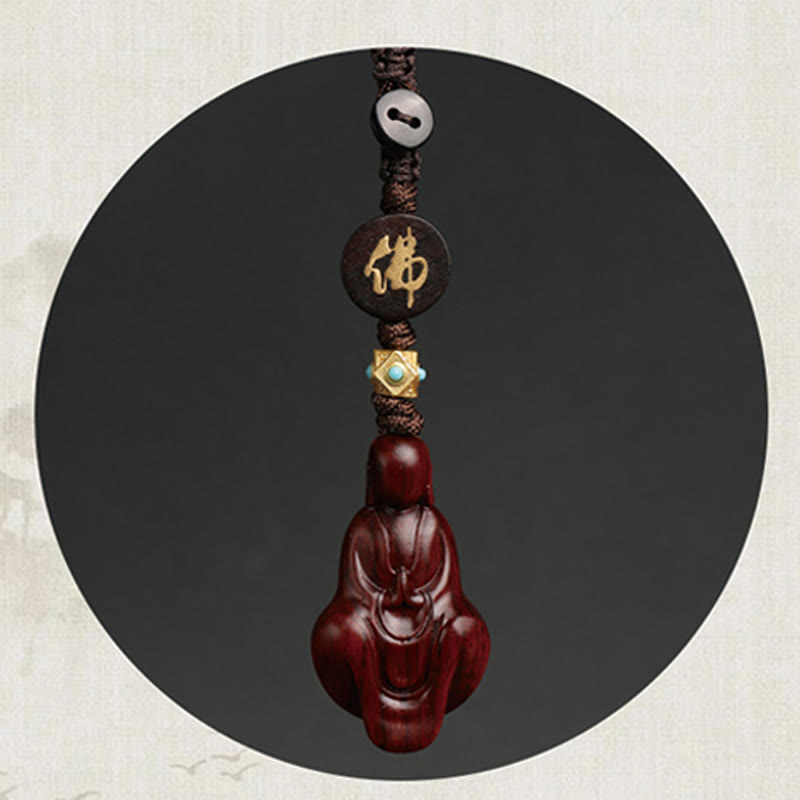 Handmade Small Leaf Red Sandalwood & Ebony Wood Buddha Copper Keychain