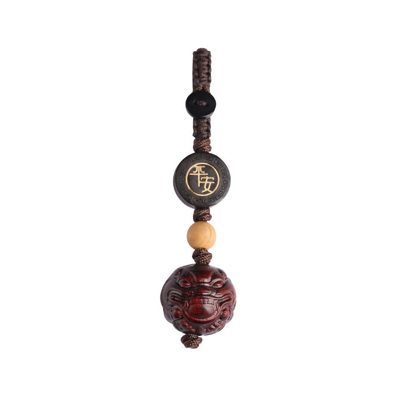 Hand-Carved Small Leaf Red Sandalwood Pixiu Energy Keychain