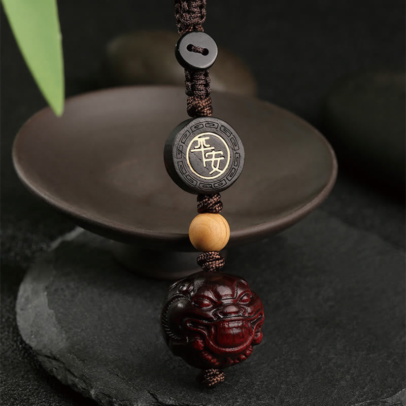 Hand-Carved Small Leaf Red Sandalwood Pixiu Energy Keychain