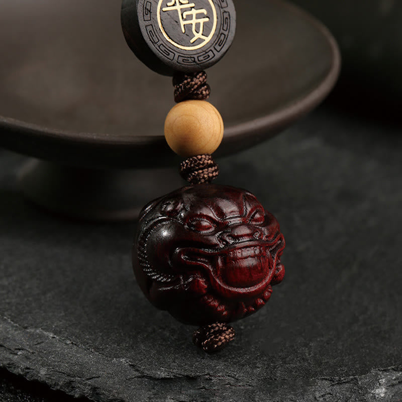 Hand-Carved Small Leaf Red Sandalwood Pixiu Energy Keychain