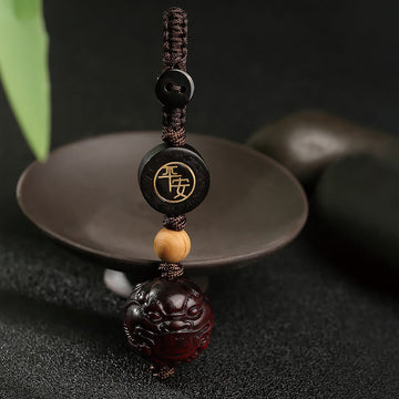Hand-Carved Small Leaf Red Sandalwood Pixiu Energy Keychain