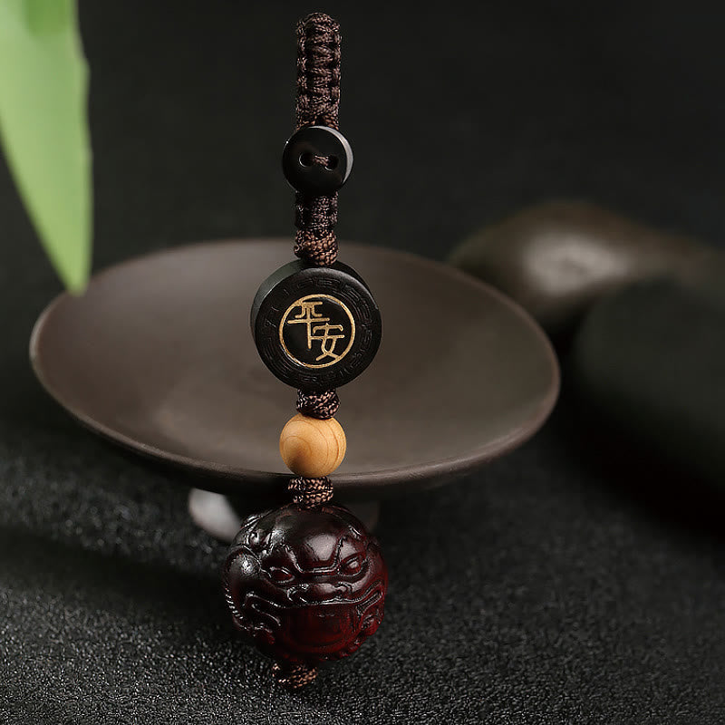Hand-Carved Small Leaf Red Sandalwood Pixiu Energy Keychain