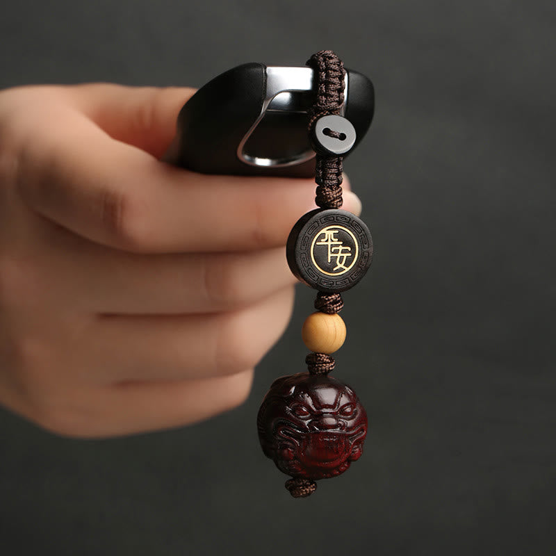 Hand-Carved Small Leaf Red Sandalwood Pixiu Energy Keychain