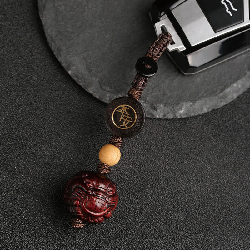 Hand-Carved Small Leaf Red Sandalwood Pixiu Energy Keychain