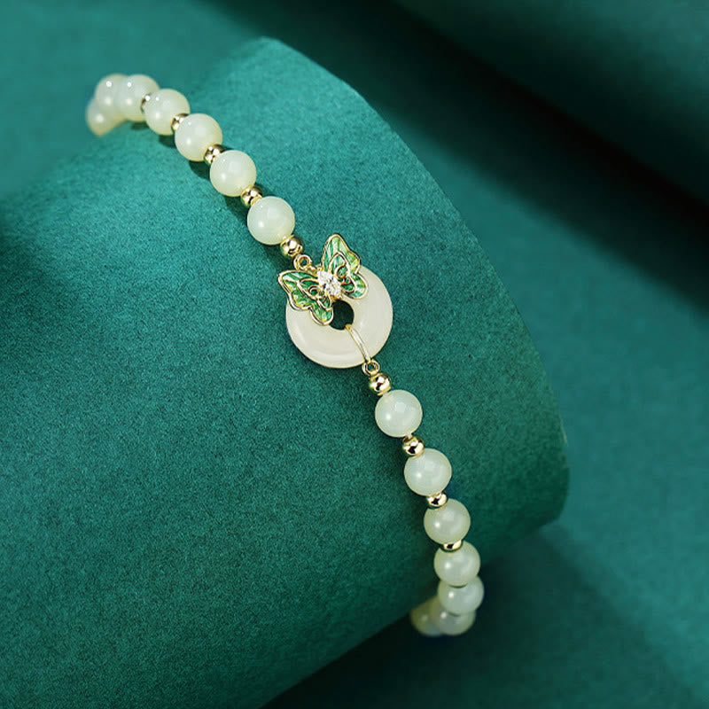 925 Sterling Silver Natural Hetian Jade Peace Buckle Butterfly Zircon Luck Bracelet Necklace Pendant