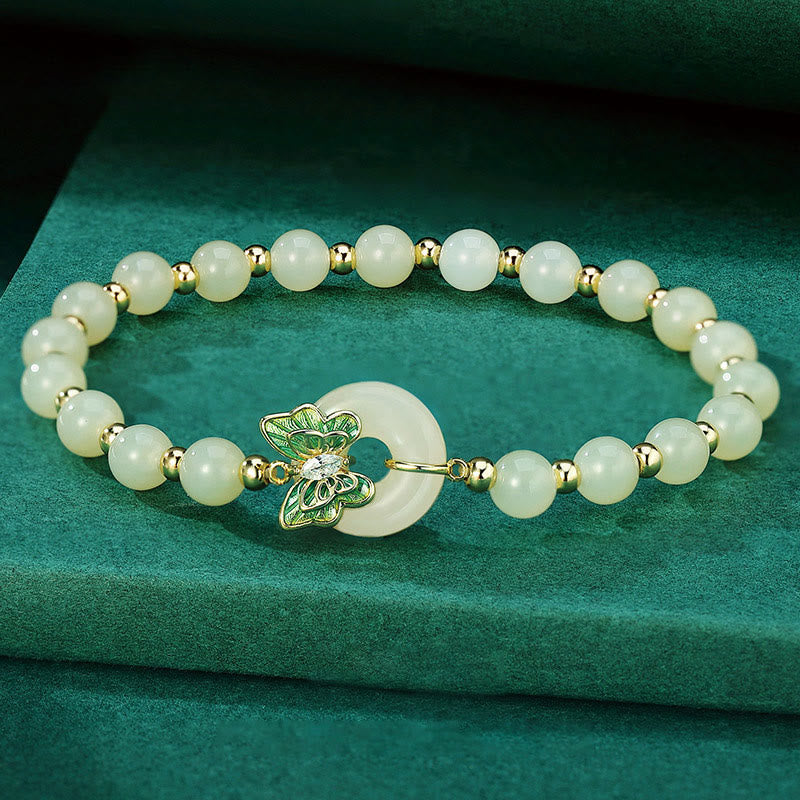 925 Sterling Silver Natural Hetian Jade Peace Buckle Butterfly Zircon Luck Bracelet Necklace Pendant