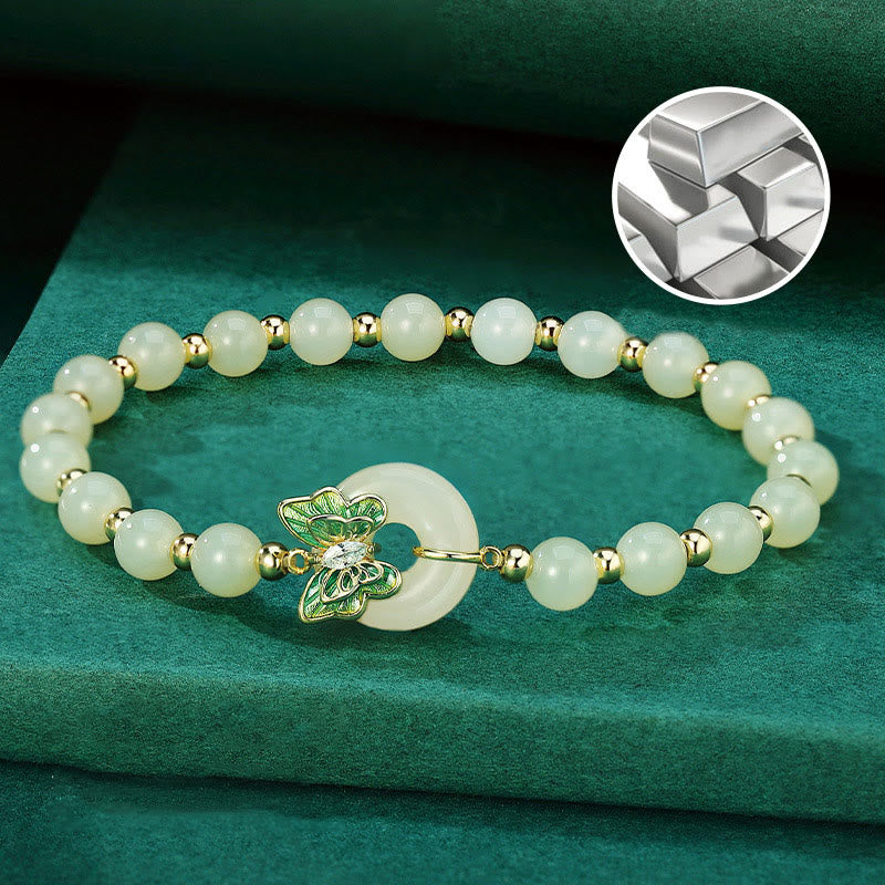 925 Sterling Silver Natural Hetian Jade Peace Buckle Butterfly Zircon Luck Bracelet Necklace Pendant