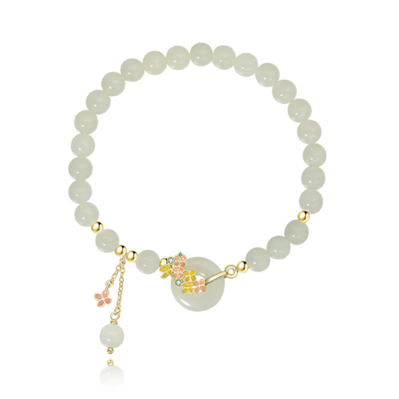 925 Sterling Silver Natural Hetian Jade Osmanthus Flowers Peace Buckle Zircon Luck Bracelet Necklace Pendant