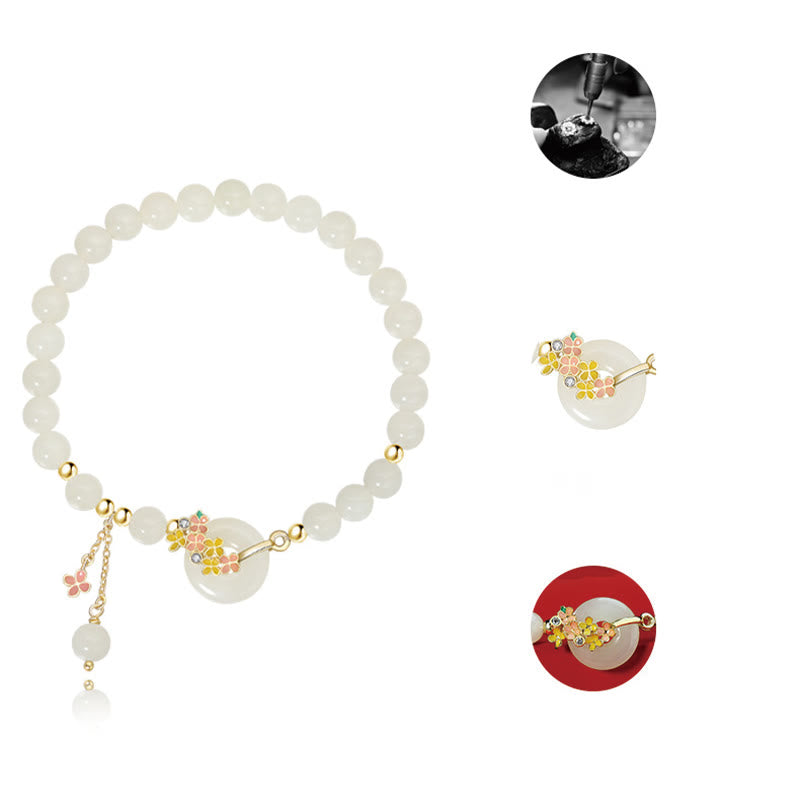 925 Sterling Silver Natural Hetian Jade Osmanthus Flowers Peace Buckle Zircon Luck Bracelet Necklace Pendant