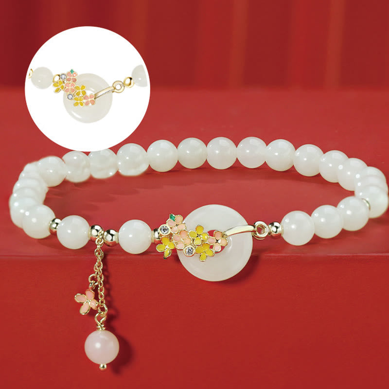 925 Sterling Silver Natural Hetian Jade Osmanthus Flowers Peace Buckle Zircon Luck Bracelet Necklace Pendant