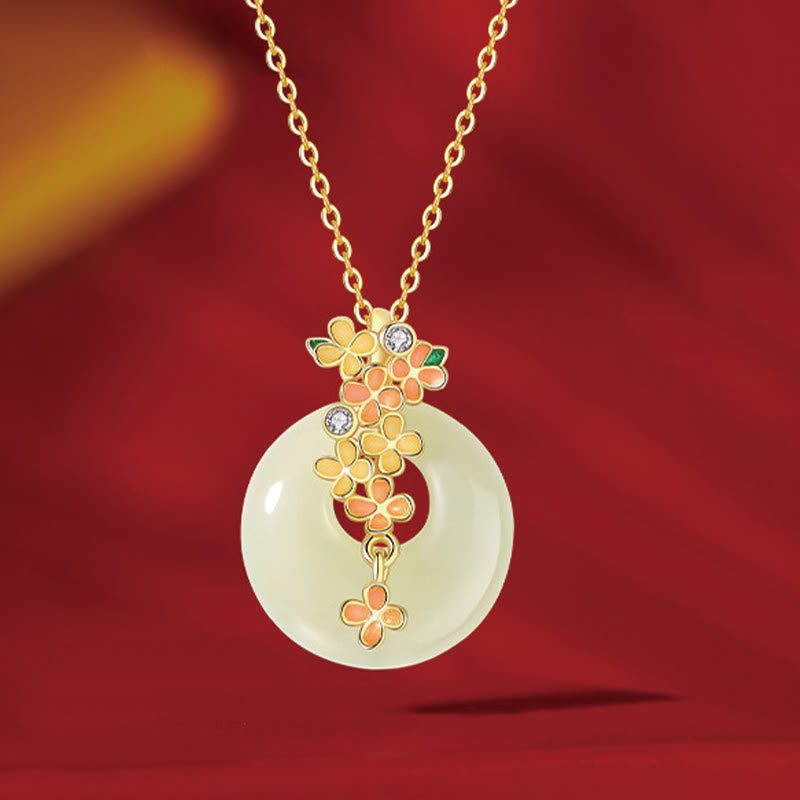 925 Sterling Silver Natural Hetian Jade Osmanthus Flowers Peace Buckle Zircon Luck Bracelet Necklace Pendant