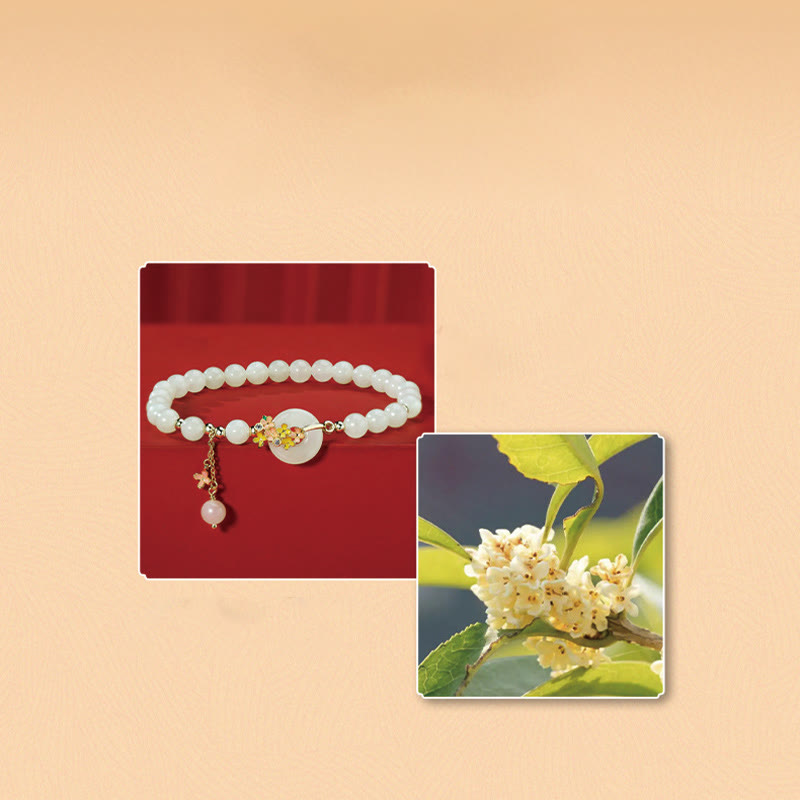 925 Sterling Silver Natural Hetian Jade Osmanthus Flowers Peace Buckle Zircon Luck Bracelet Necklace Pendant