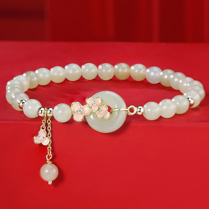 925 Sterling Silver Natural Hetian Jade Peach Blossom Peace Buckle Zircon Luck Bracelet Necklace Pendant