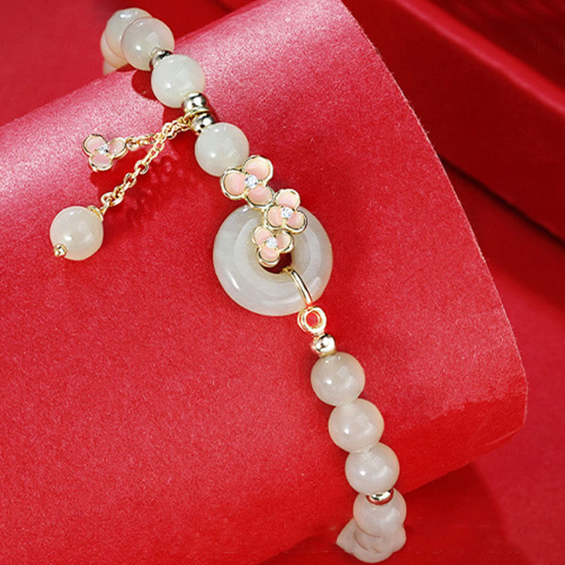 925 Sterling Silver Natural Hetian Jade Peach Blossom Peace Buckle Zircon Luck Bracelet Necklace Pendant