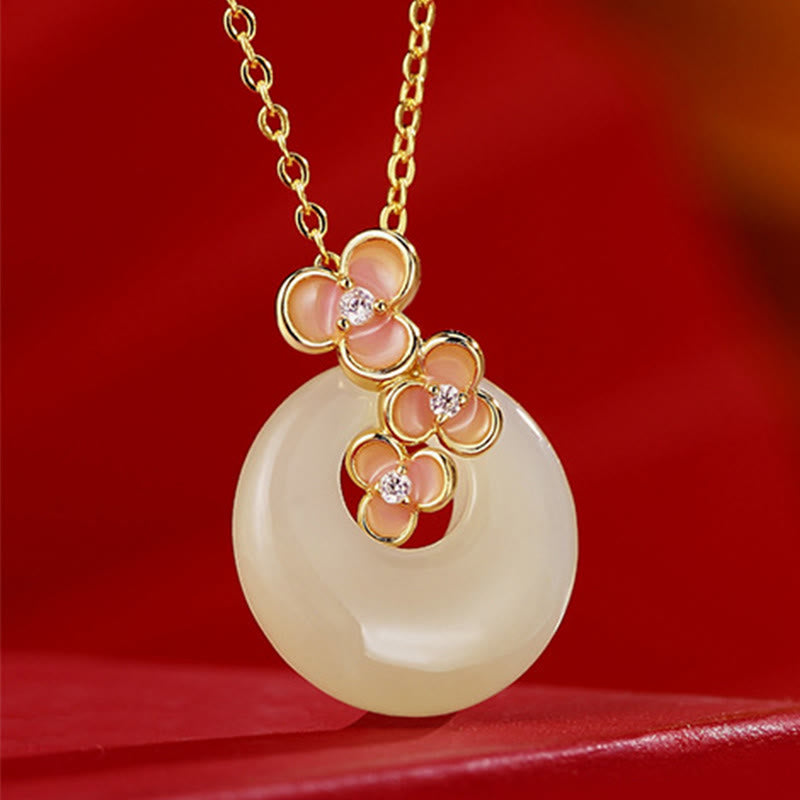 925 Sterling Silver Natural Hetian Jade Peach Blossom Peace Buckle Zircon Luck Bracelet Necklace Pendant