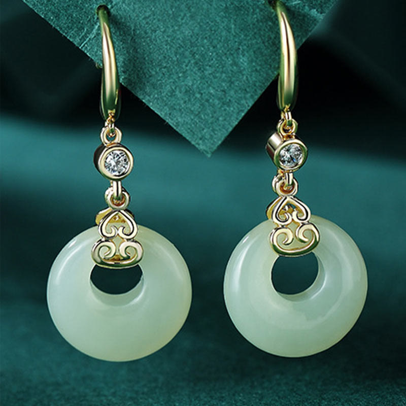 925 Sterling Silver Natural Hetian Jade Gourd Peace Buckle Zircon Luck Bracelet Necklace Pendant Earrings