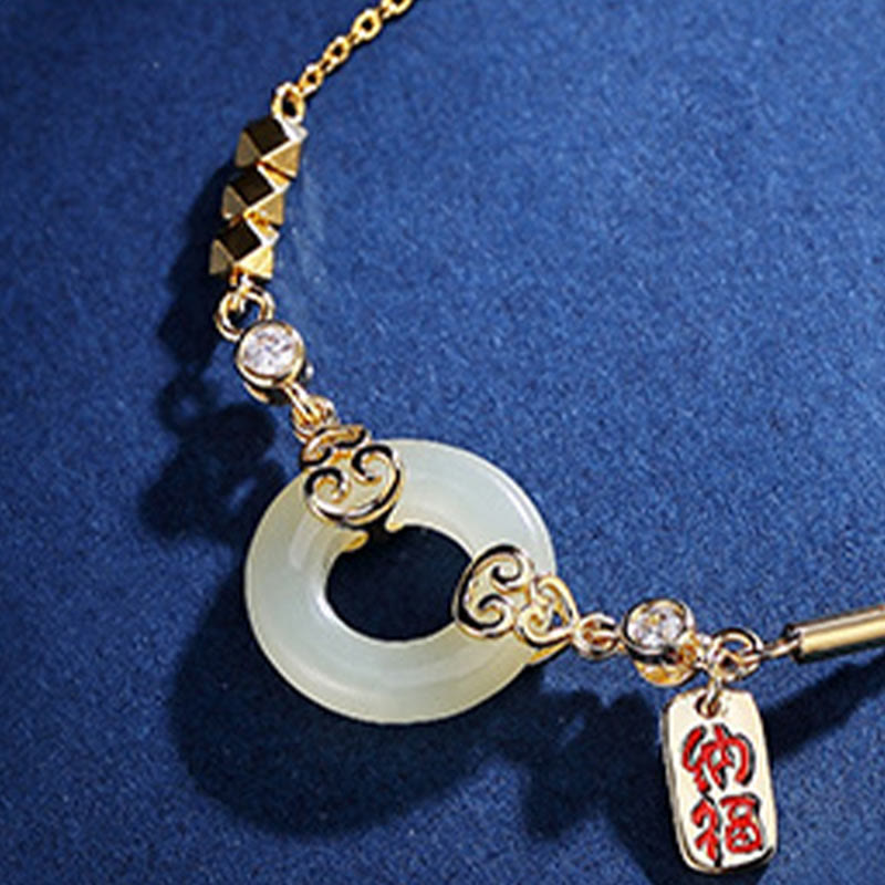 925 Sterling Silver Natural Hetian Jade Gourd Peace Buckle Zircon Luck Bracelet Necklace Pendant Earrings