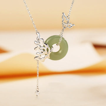 925 Sterling Silver Natural Hetian Jade Peace Buckle Butterfly Abundance Necklace Pendant