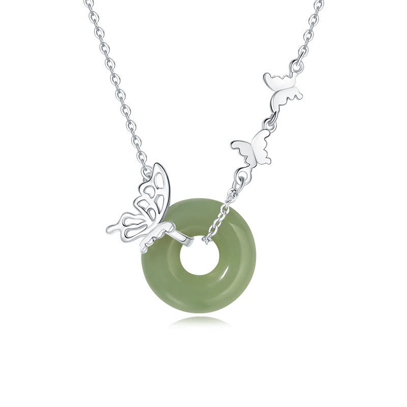 925 Sterling Silver Natural Hetian Jade Peace Buckle Butterfly Luck Prosperity Bracelet Necklace Pendant