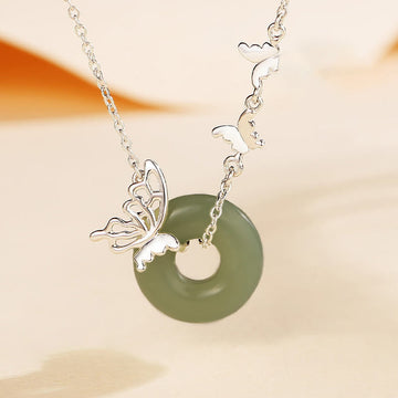 925 Sterling Silver Natural Hetian Jade Peace Buckle Butterfly Luck Prosperity Bracelet Necklace Pendant