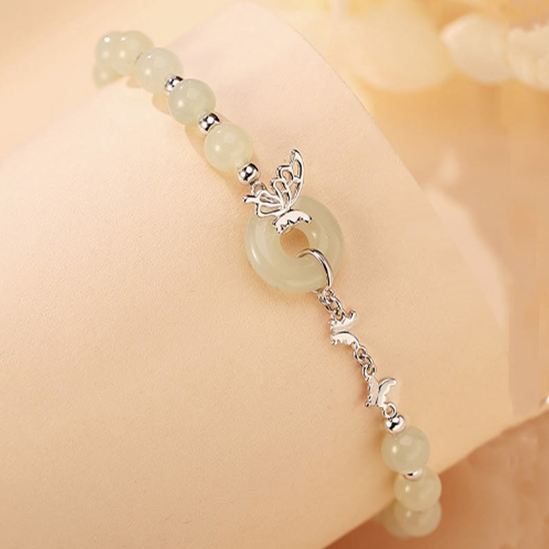 925 Sterling Silver Natural Hetian Jade Peace Buckle Butterfly Luck Prosperity Bracelet Necklace Pendant