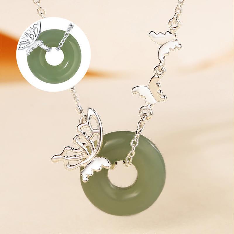 925 Sterling Silver Natural Hetian Jade Peace Buckle Butterfly Luck Prosperity Bracelet Necklace Pendant