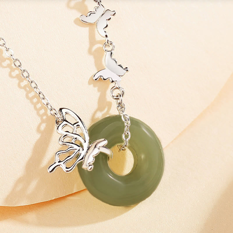 925 Sterling Silver Natural Hetian Jade Peace Buckle Butterfly Luck Prosperity Bracelet Necklace Pendant